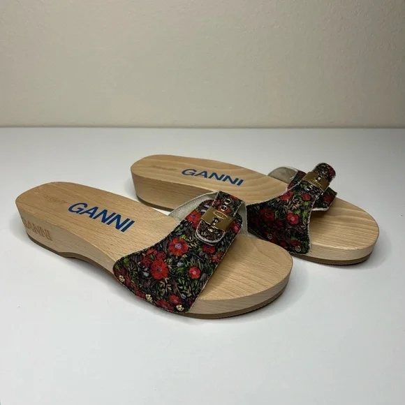 GANNI x Dr. Scholl's Red Floral Buckle Wooden Clog Slides Sandals Retro NEW - Picture 10 of 13